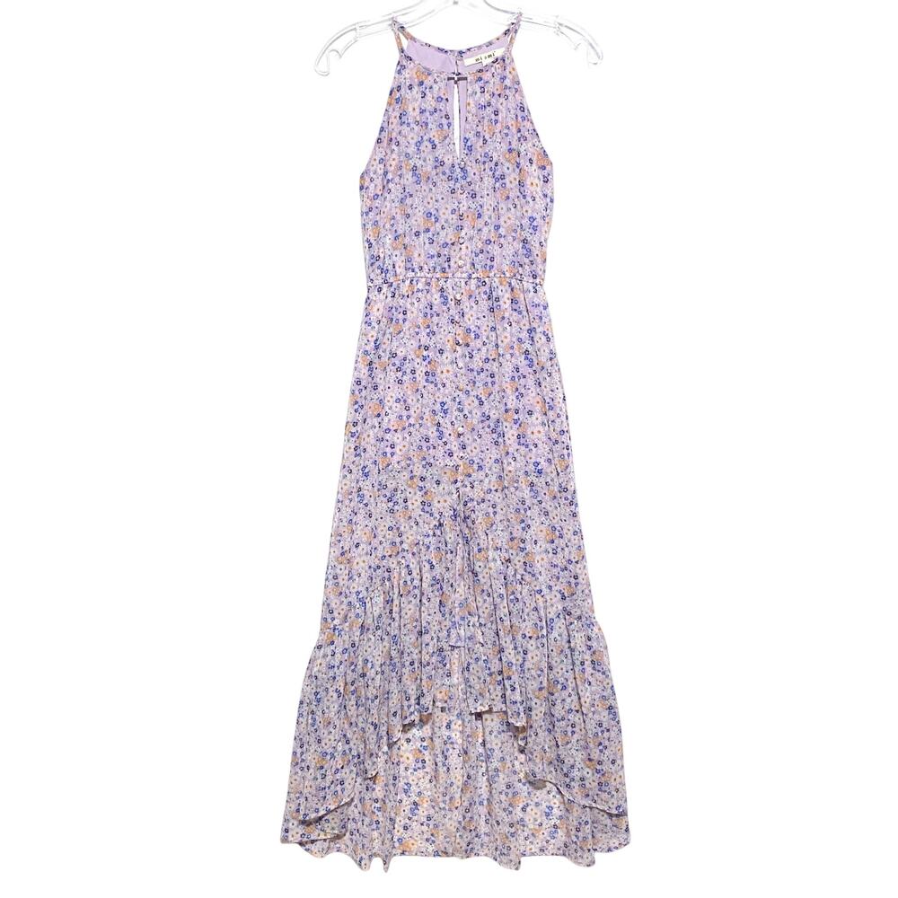 Mi Ami Floral High Low Midi Dress XXS Purple Tiered Romantic Boho Fairy Cottage